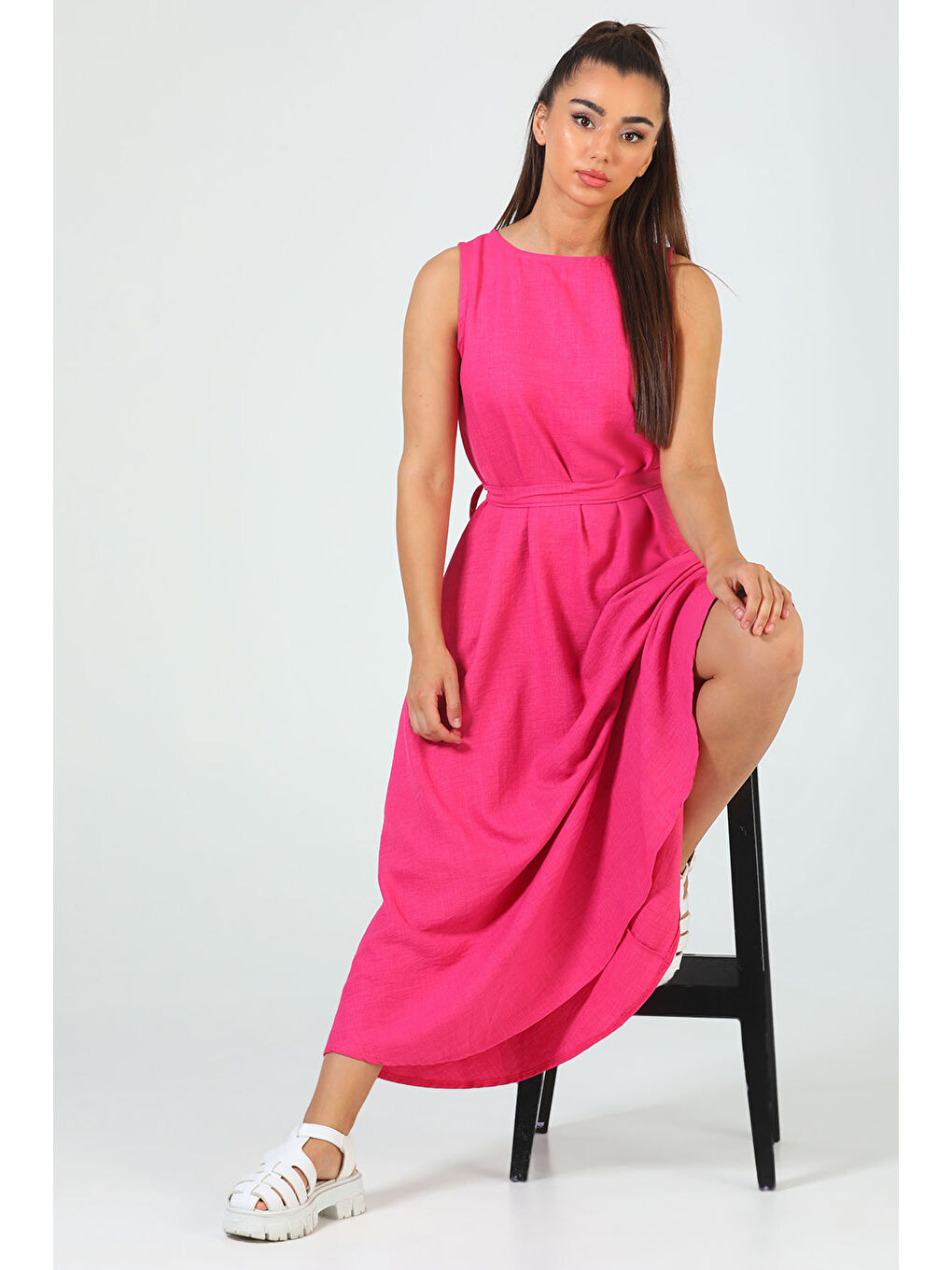 Fuşya Kadın Bisiklet Yaka Cep Detaylı Bel Kuşaklı Uzun Elbise-4