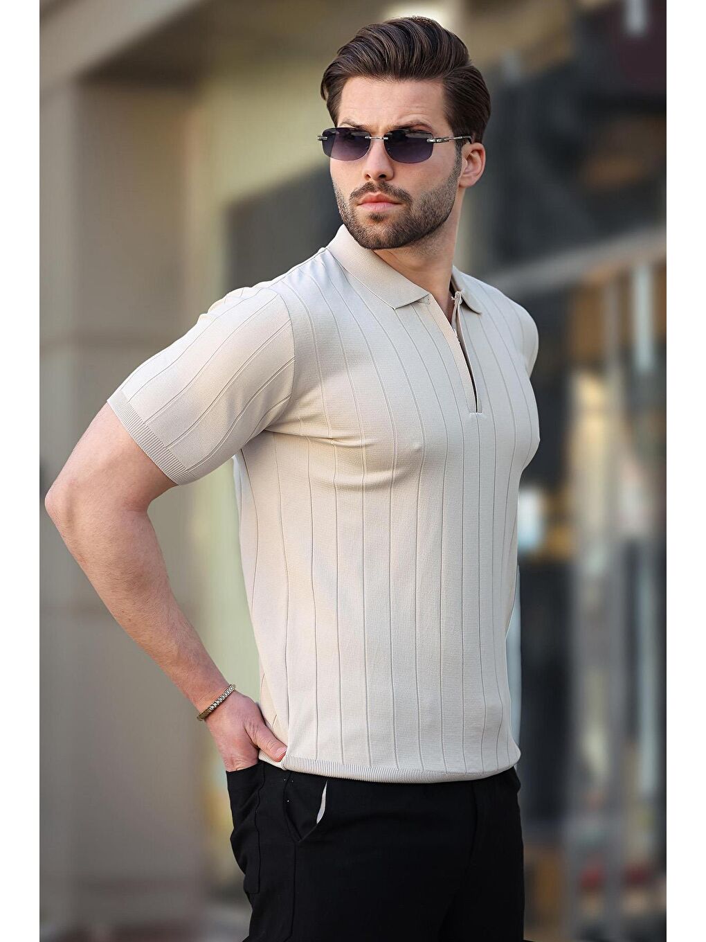 Bej Taş Rengi Polo Yaka Fermuarlı Erkek T-Shirt E7298