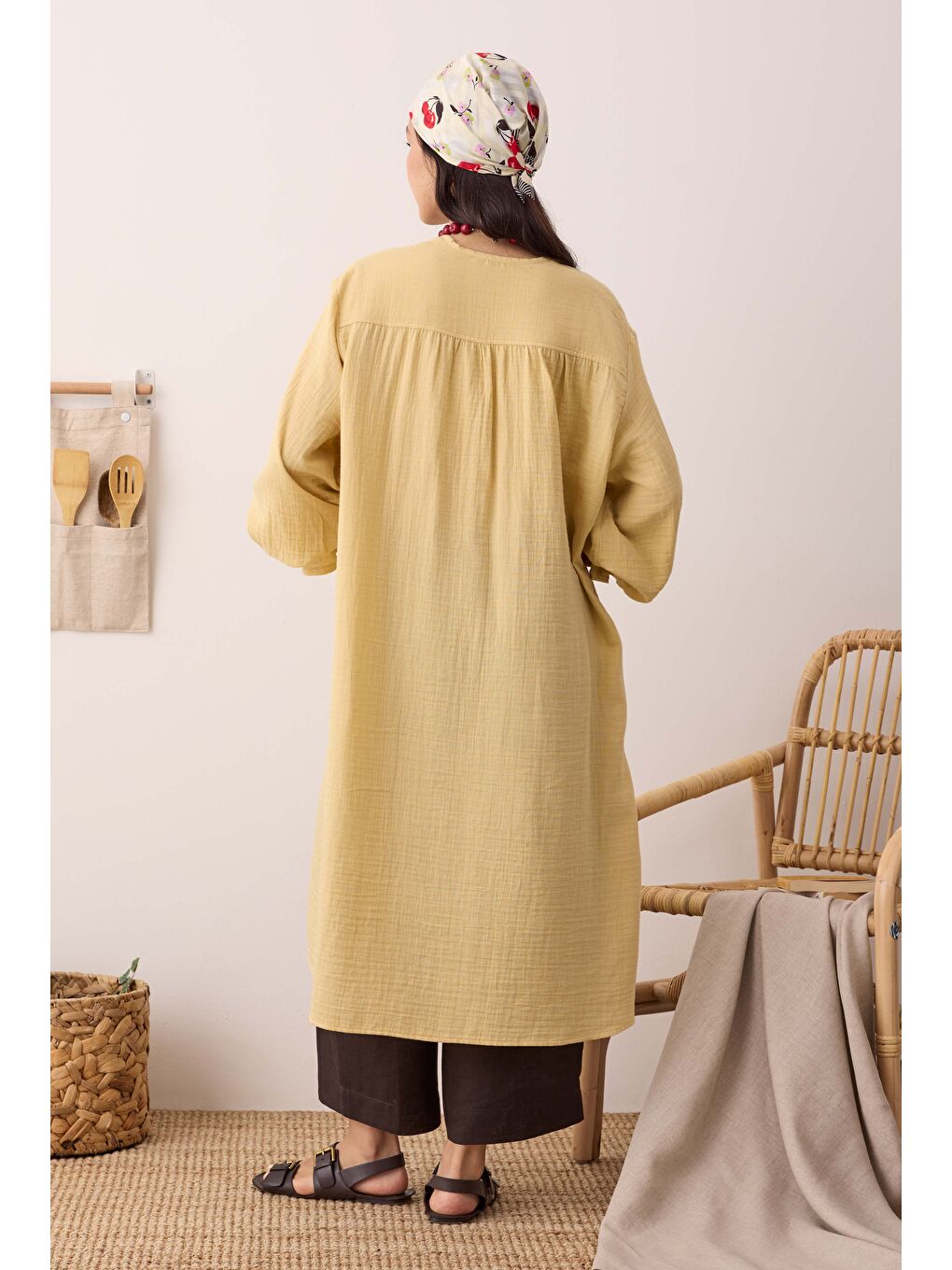 Çok Büzgülü Müslin Tunik Soft Sarı-3