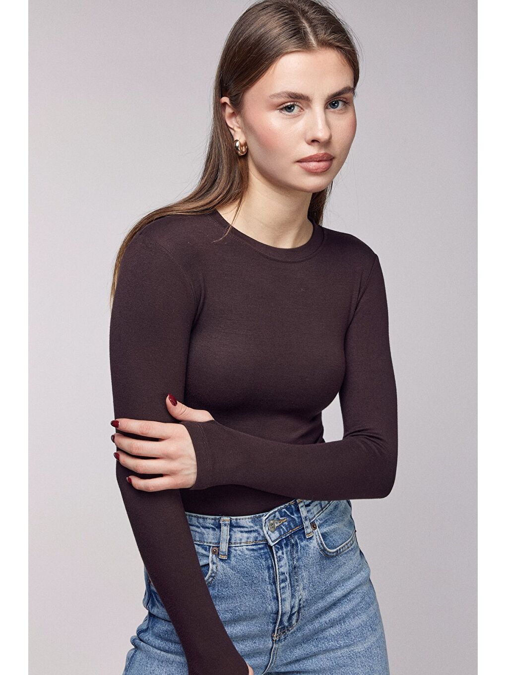 Kahverengi Kadın Bisiklet Yaka Parmak Geçmeli Uzun Kollu Body/Bluz