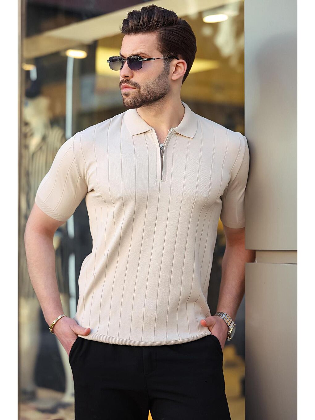 Bej Taş Rengi Polo Yaka Fermuarlı Erkek T-Shirt E7298-1