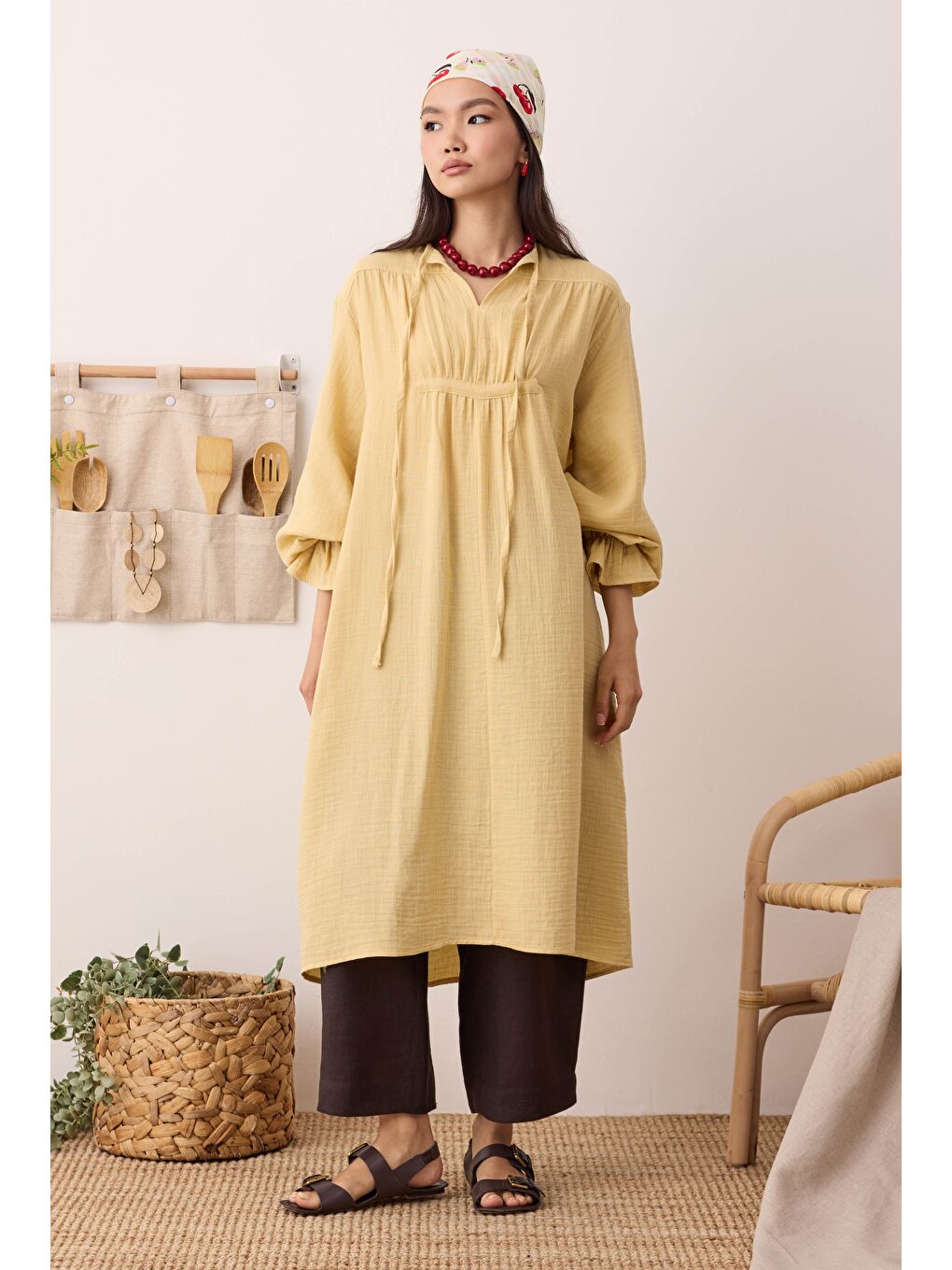 Çok Büzgülü Müslin Tunik Soft Sarı-4