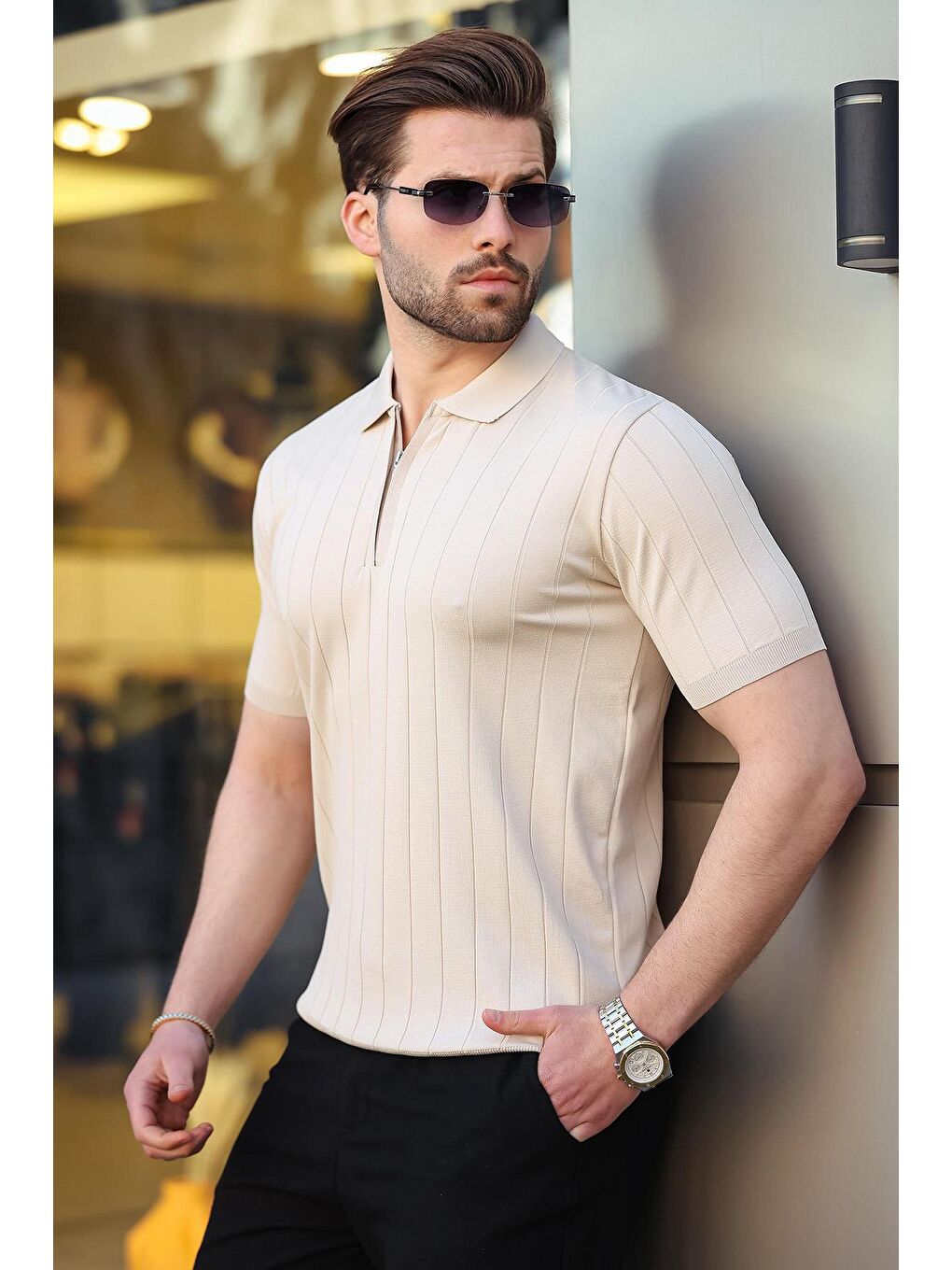 Bej Taş Rengi Polo Yaka Fermuarlı Erkek T-Shirt E7298-2