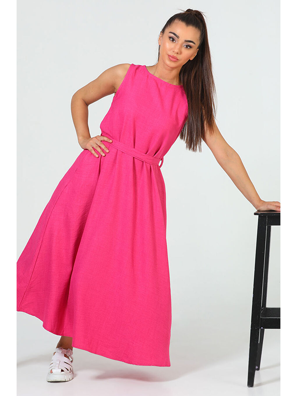 Fuşya Kadın Bisiklet Yaka Cep Detaylı Bel Kuşaklı Uzun Elbise-5