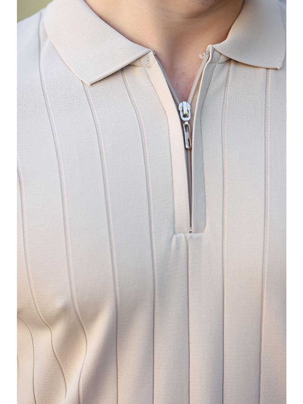 Bej Taş Rengi Polo Yaka Fermuarlı Erkek T-Shirt E7298-3