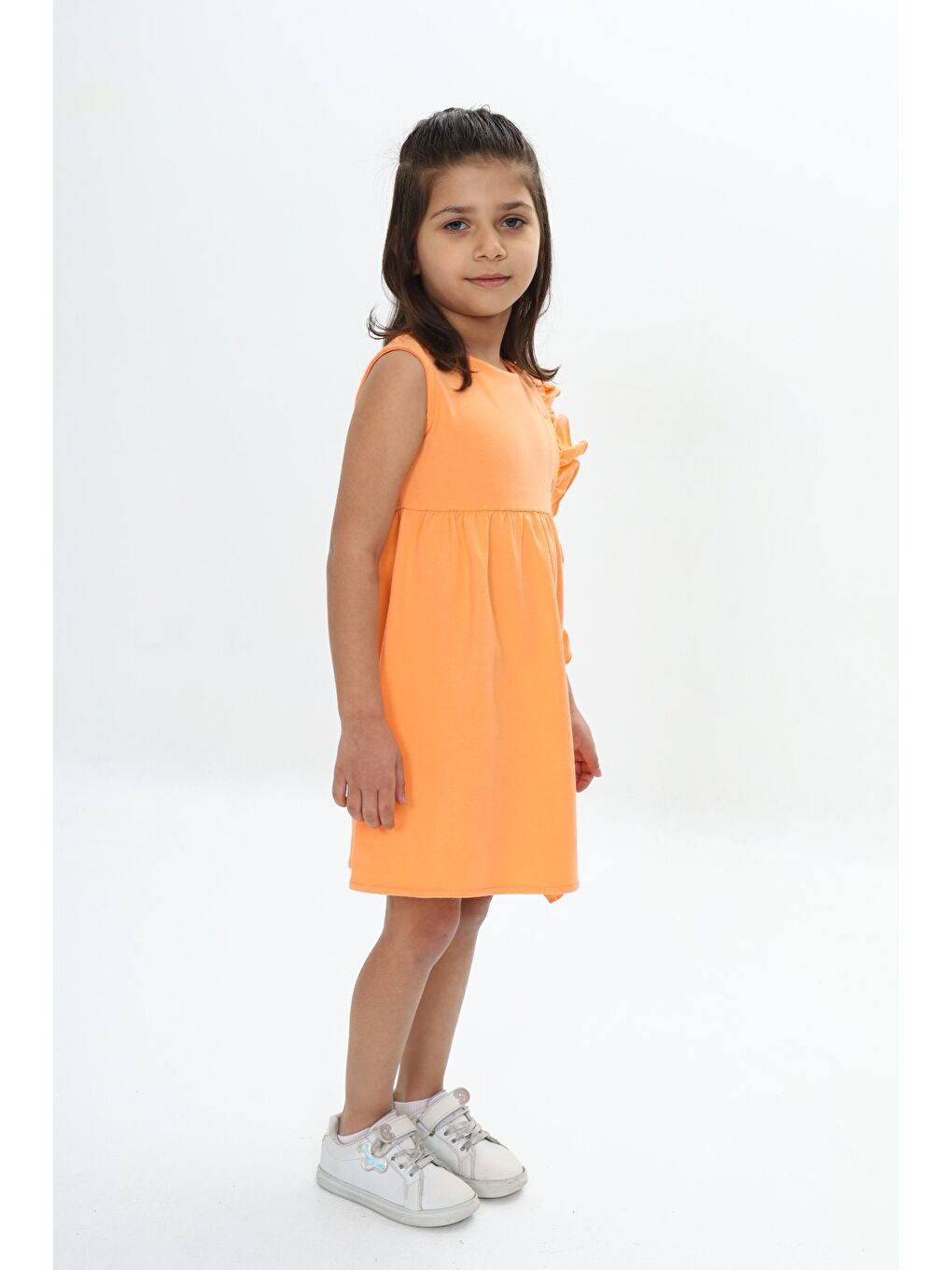 Turuncu Kız Çocuk Fırfır Detaylı Elbise-2
