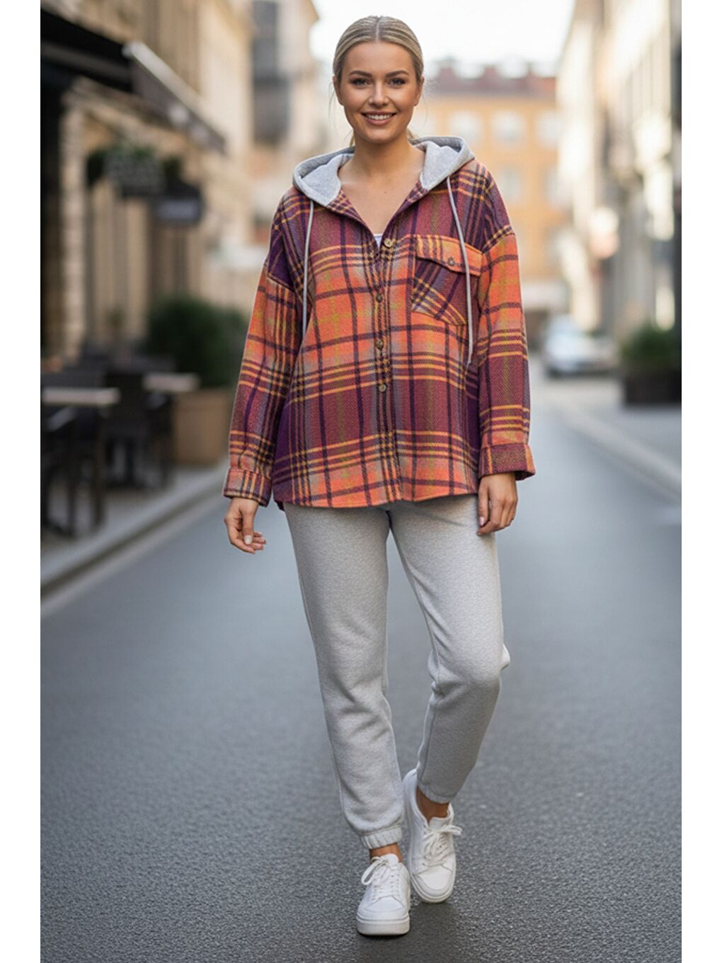 Turuncu Kapüşonlu Uzun Kol Oduncu Ekose Düğmeli Cepli Dokuma Gömlek 68 65-1