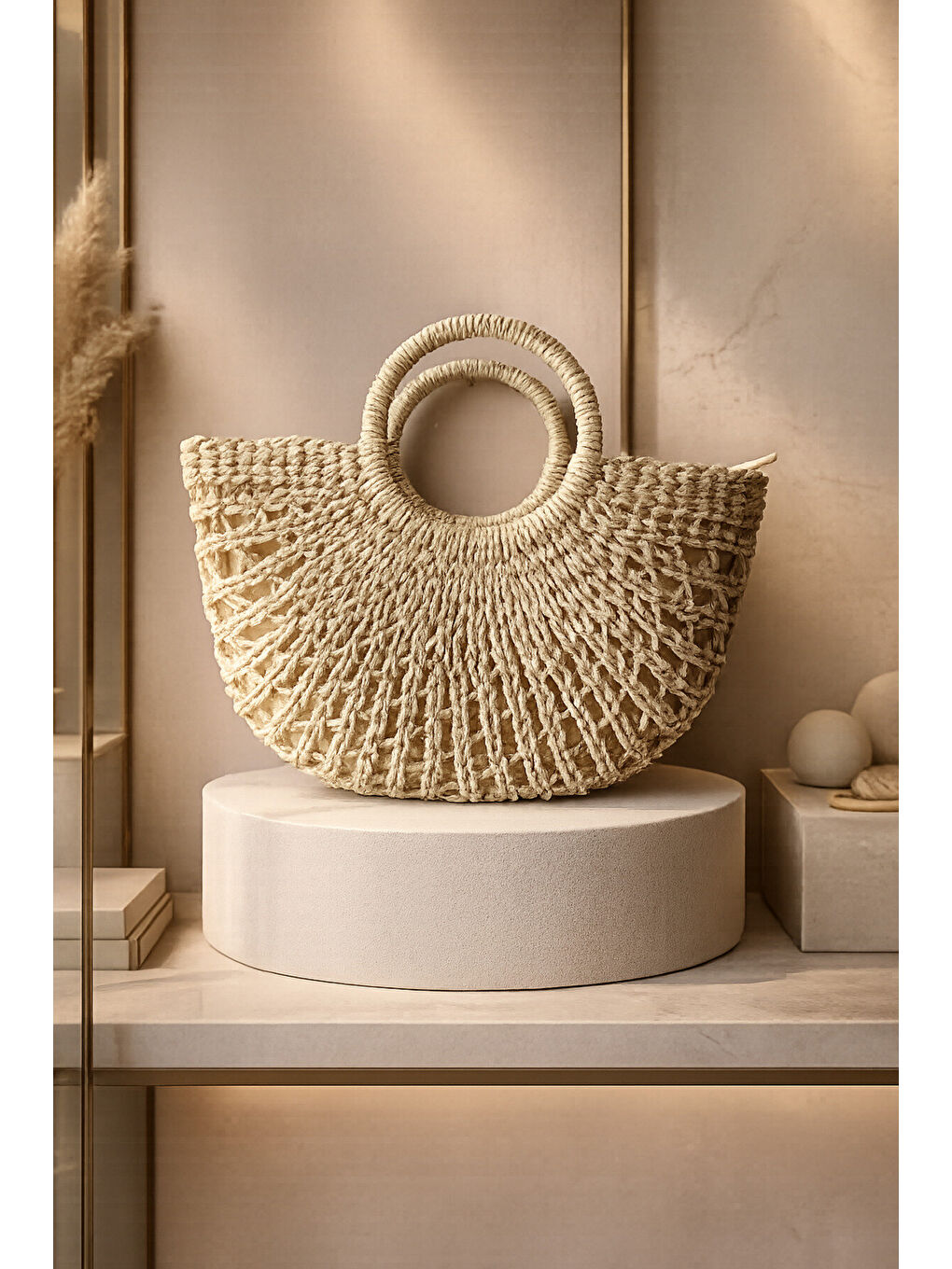 Yarım Ay Bej Hasır Çanta CNT1102