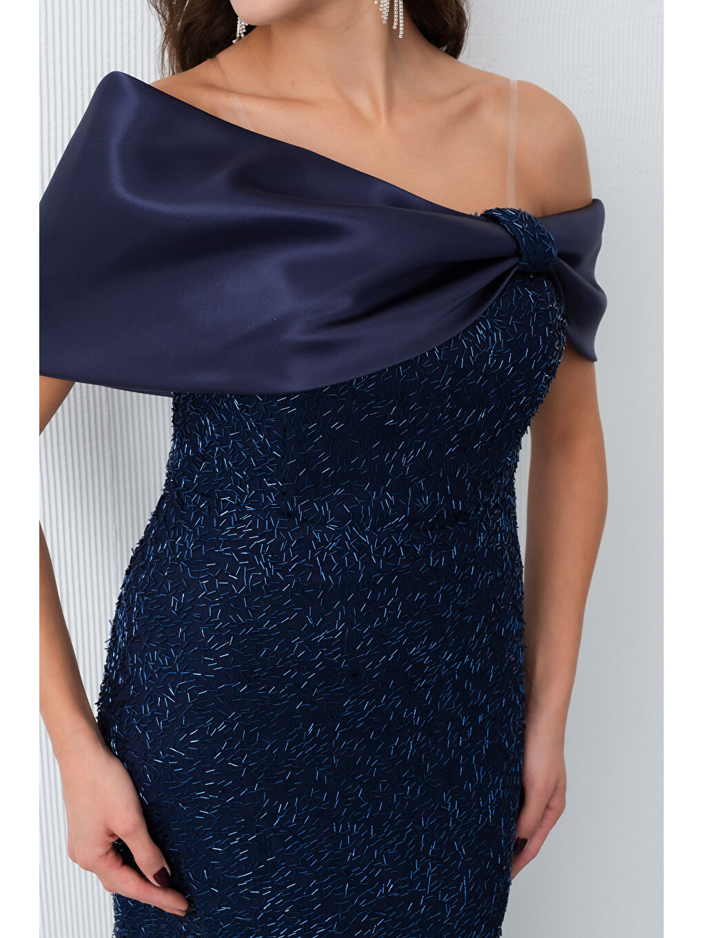 Kadın Lacivert Yaka Detay Boncuklu Midi Söz Nişan Abiye Elbise-4