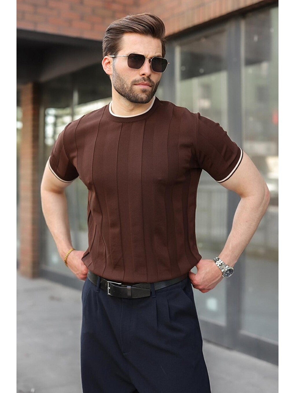 Kahverengi Bisiklet Yaka Regular Fit Triko Erkek Tişört E7487-4