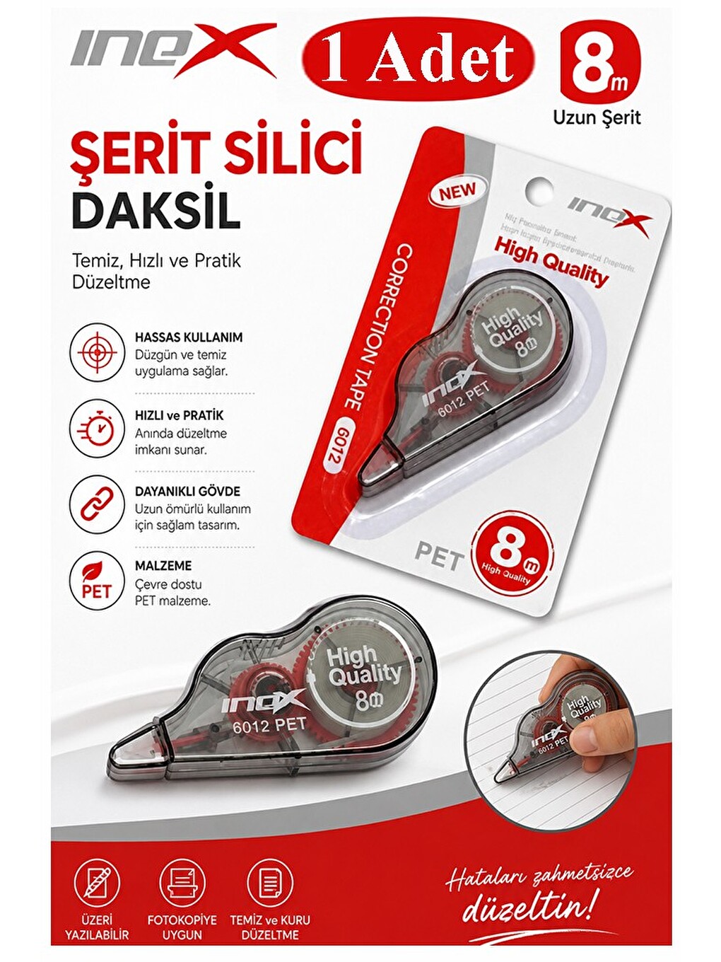 Şerit Daksil Beyaz 5mmx8 Metre 1 Adet İnox Şerit Düzeltici Şerit Silici Yazı Silici Büro Ofis Okul