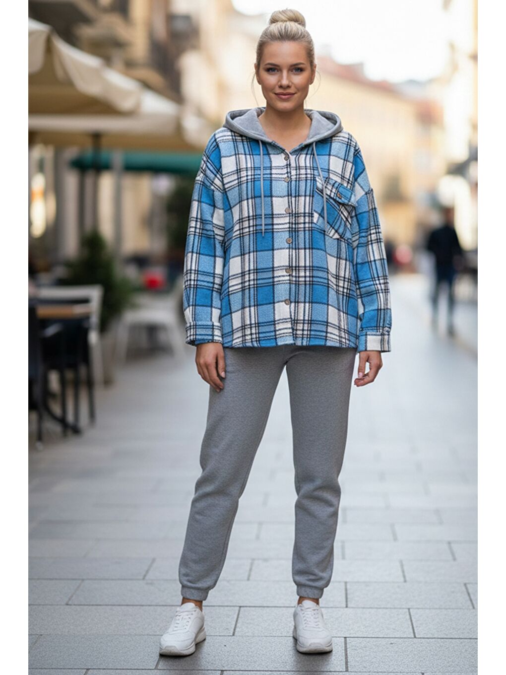 Mavi Kapüşonlu Uzun Kol Oduncu Ekose Düğmeli Cepli Dokuma Gömlek 68 65-2