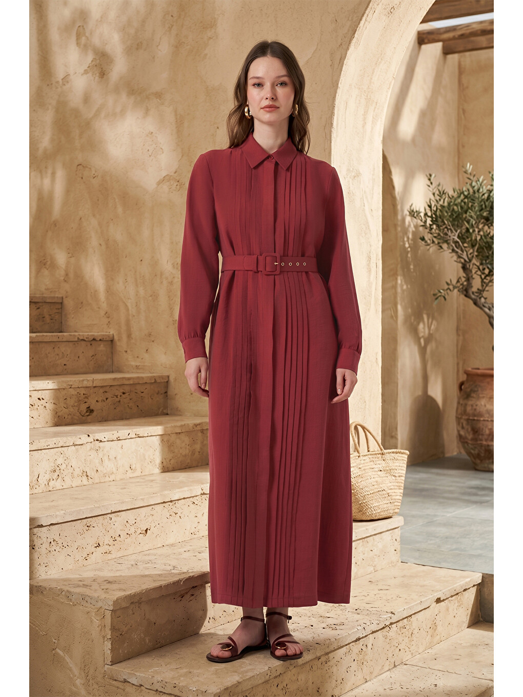 Kırmızı Seyyar Kemerli Pile Detay Elbise 2050 Red Plum