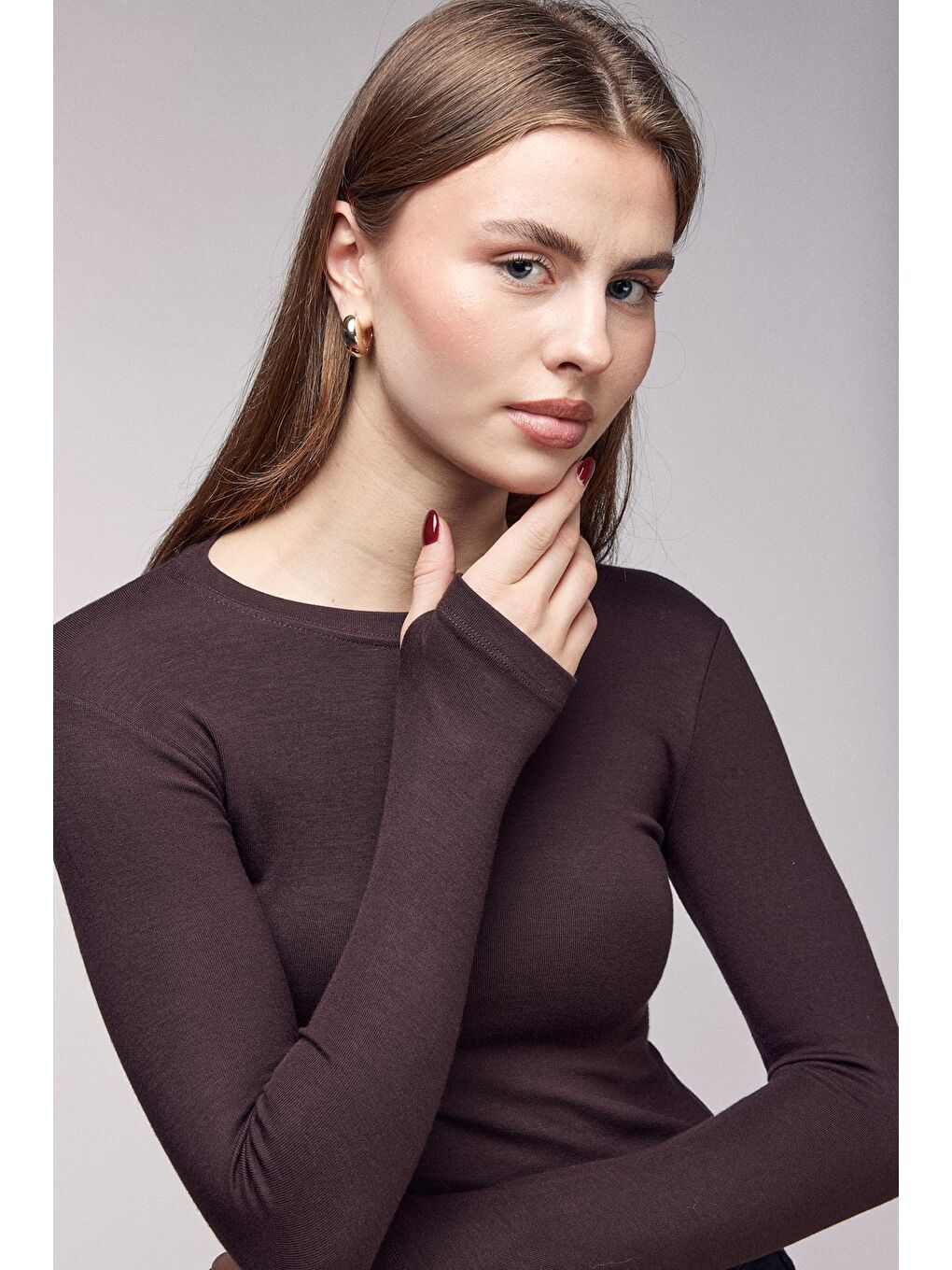 Kahverengi Kadın Bisiklet Yaka Parmak Geçmeli Uzun Kollu Body/Bluz-1