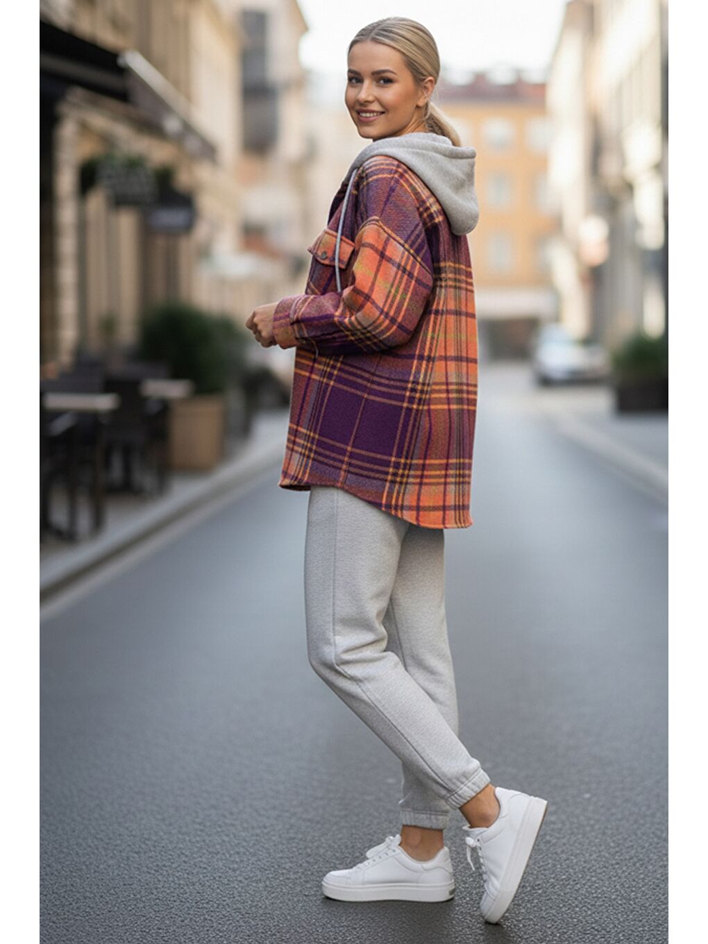 Turuncu Kapüşonlu Uzun Kol Oduncu Ekose Düğmeli Cepli Dokuma Gömlek 68 65-2