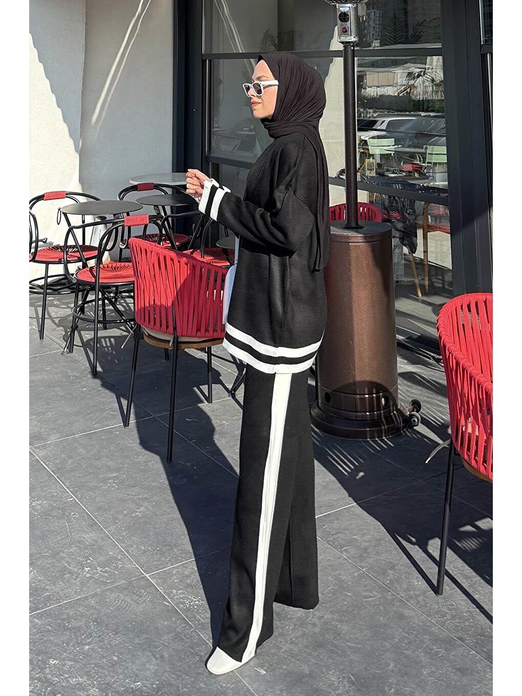 Çizgili Pantolon Triko Tesettür Takım Siyah-1