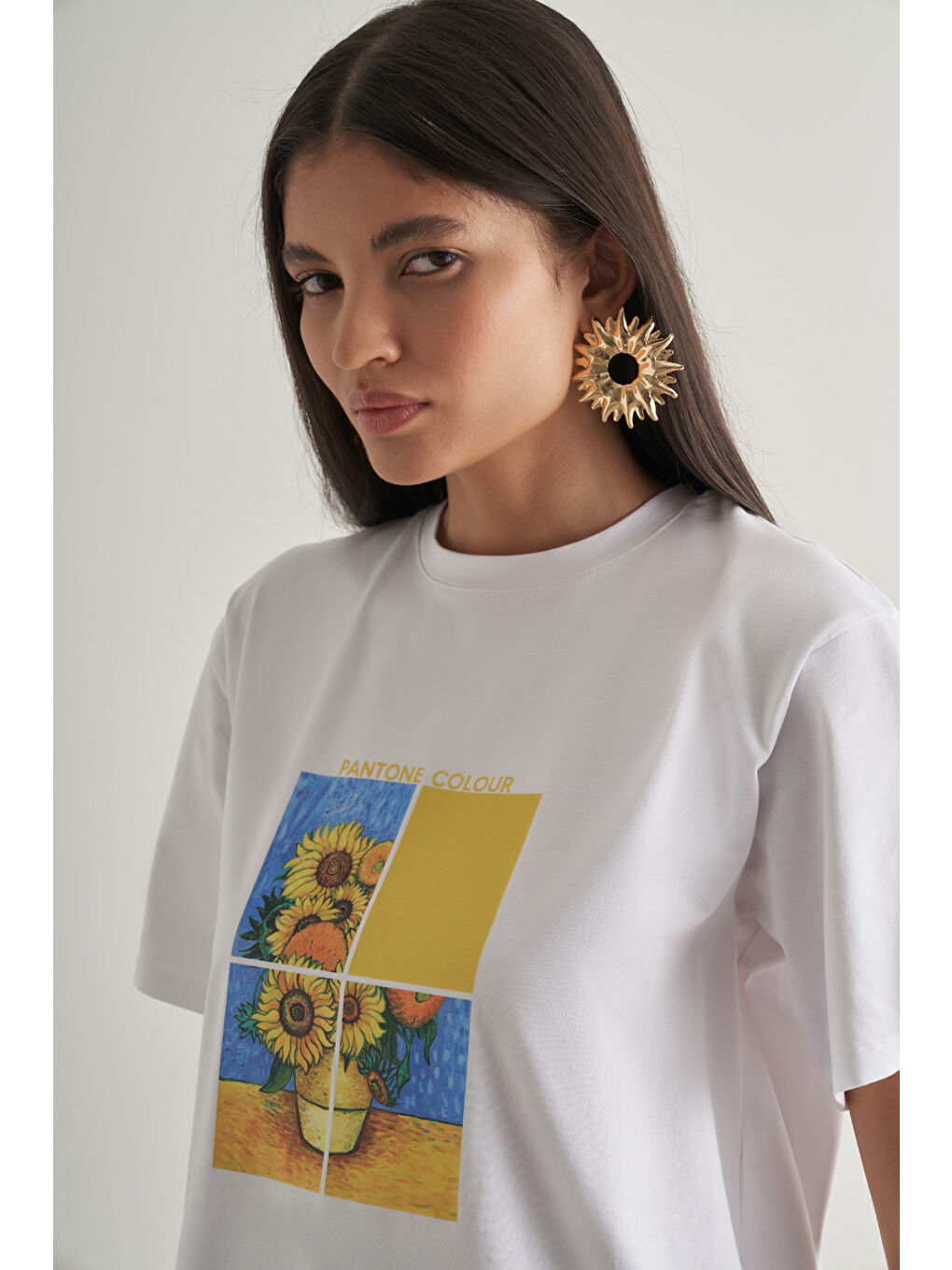 Pamuklu Ekru Oversize Baskılı Tişört-1