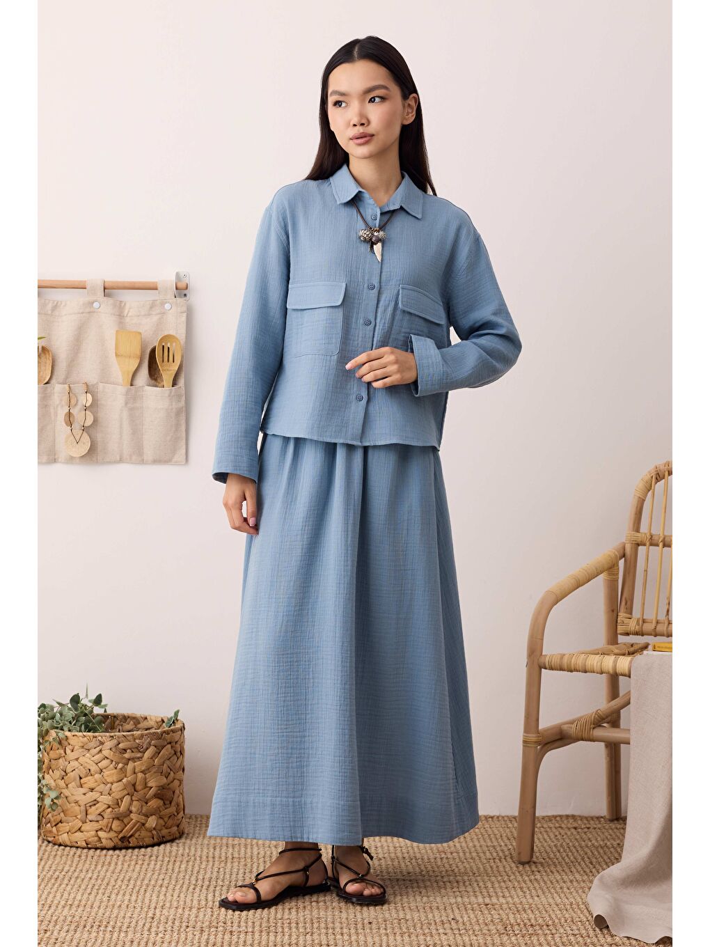 Müslin Cepli Gömlek Pastel Mavi-1