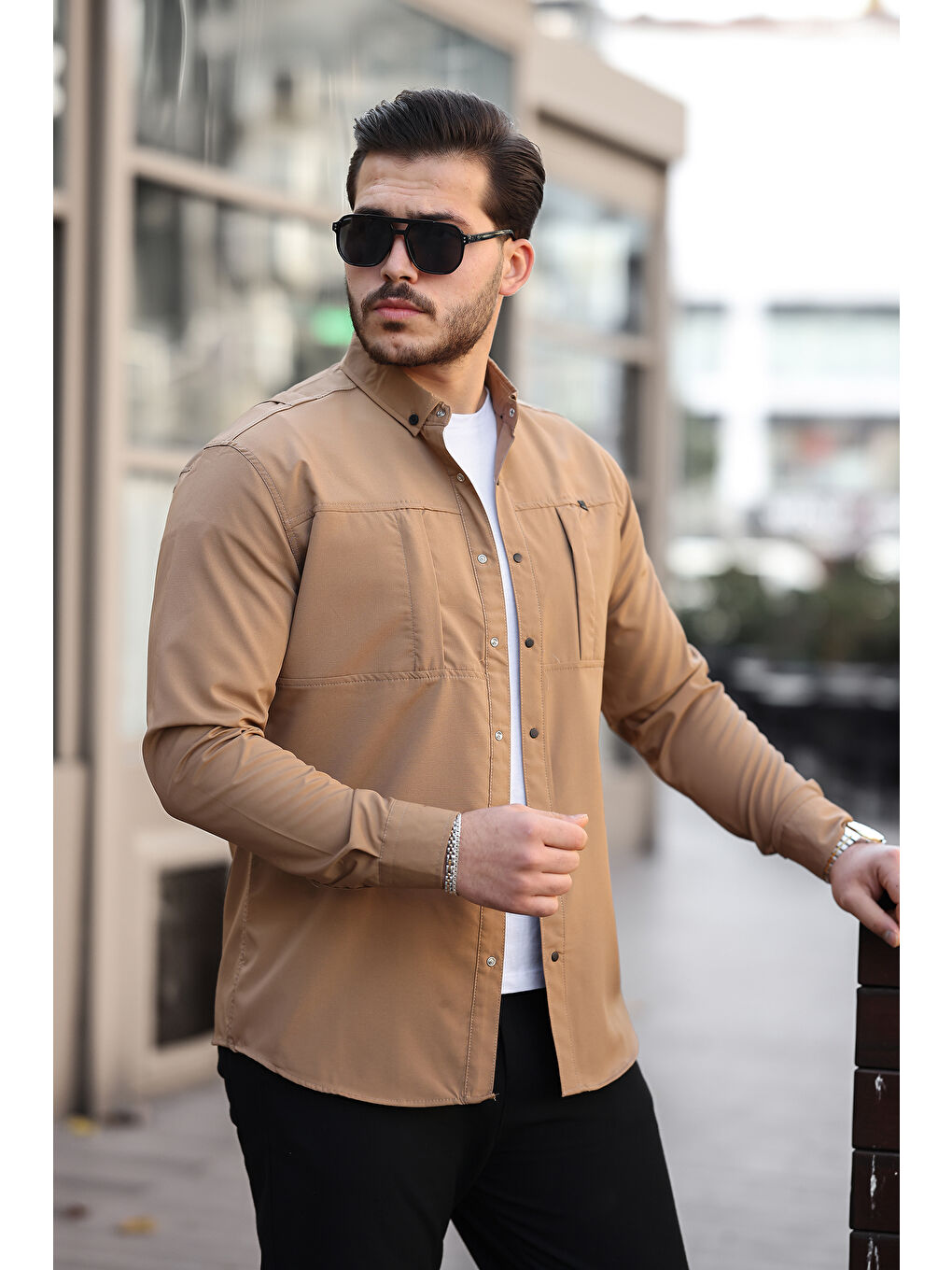Kahverengi Erkek Gizli Cep Paraşüt Kumaş Gömlek-1