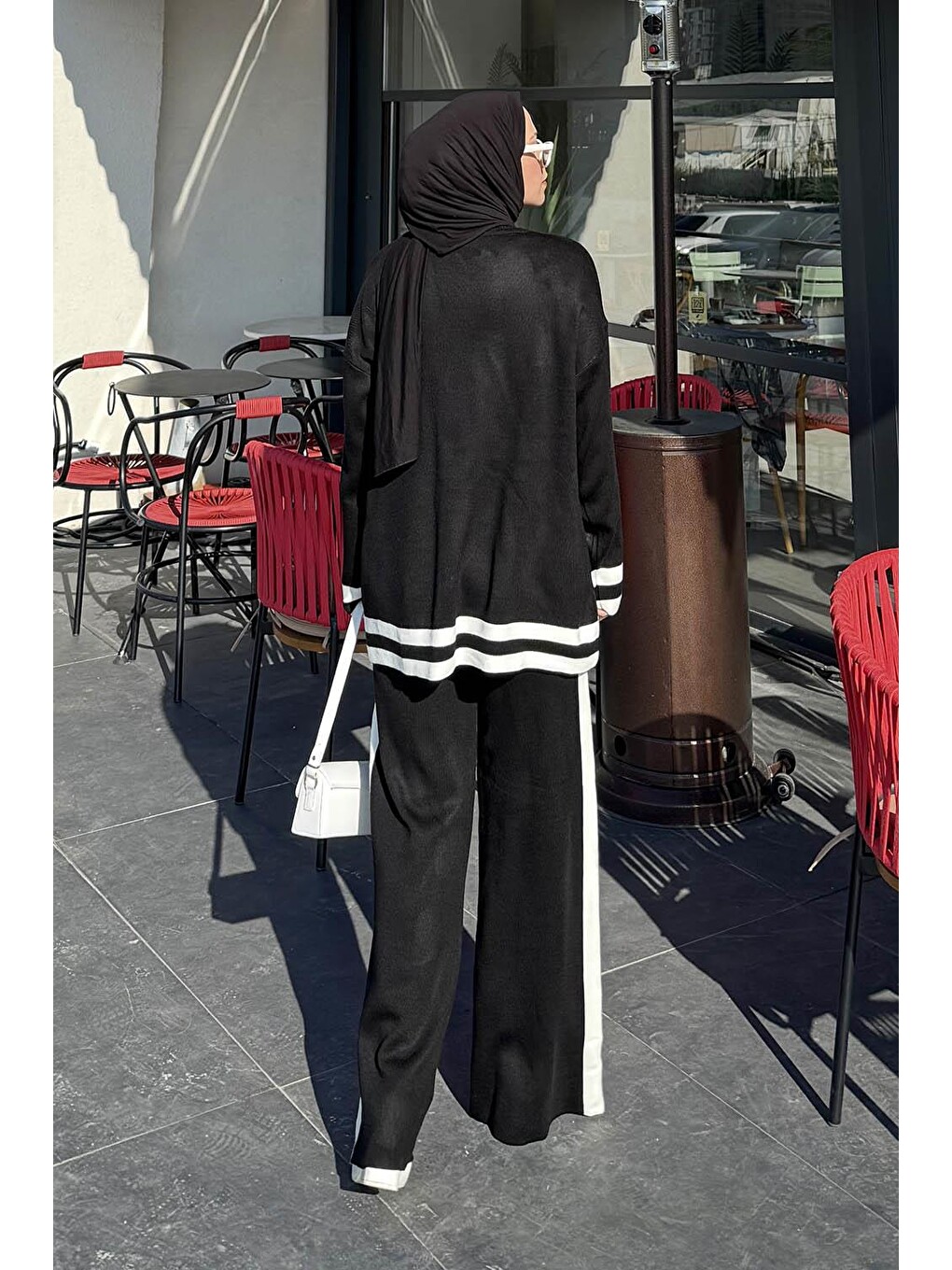 Çizgili Pantolon Triko Tesettür Takım Siyah-3
