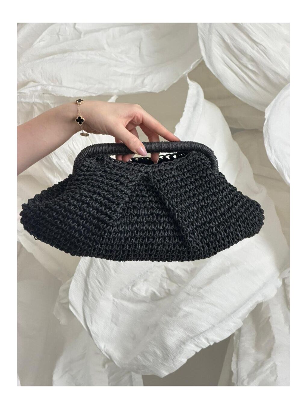 Büzgülü Siyah Hasır Çanta CNT1138