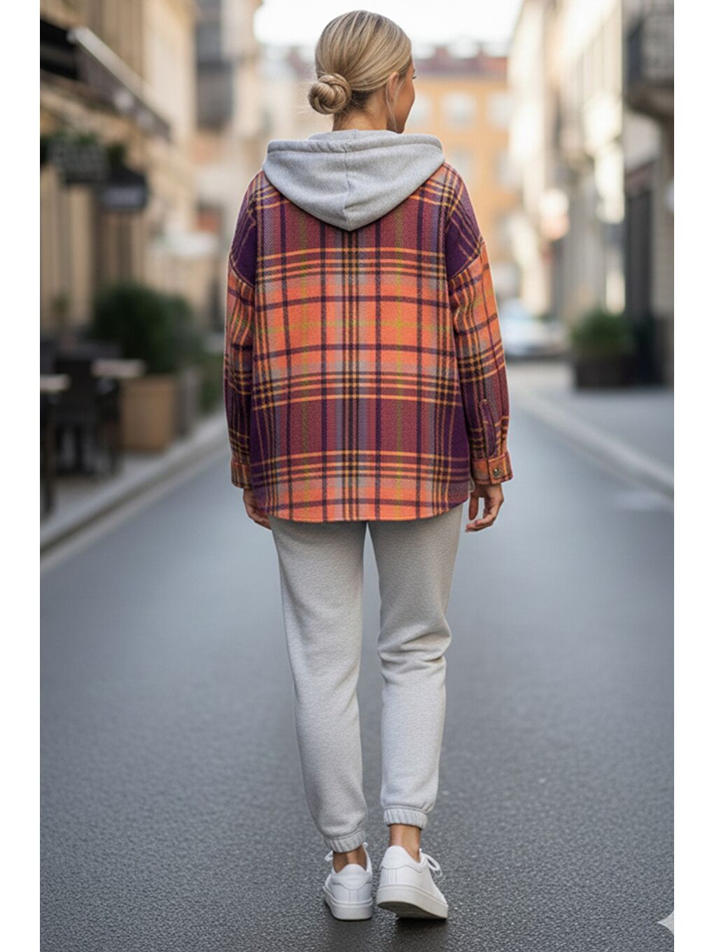 Turuncu Kapüşonlu Uzun Kol Oduncu Ekose Düğmeli Cepli Dokuma Gömlek 68 65-3