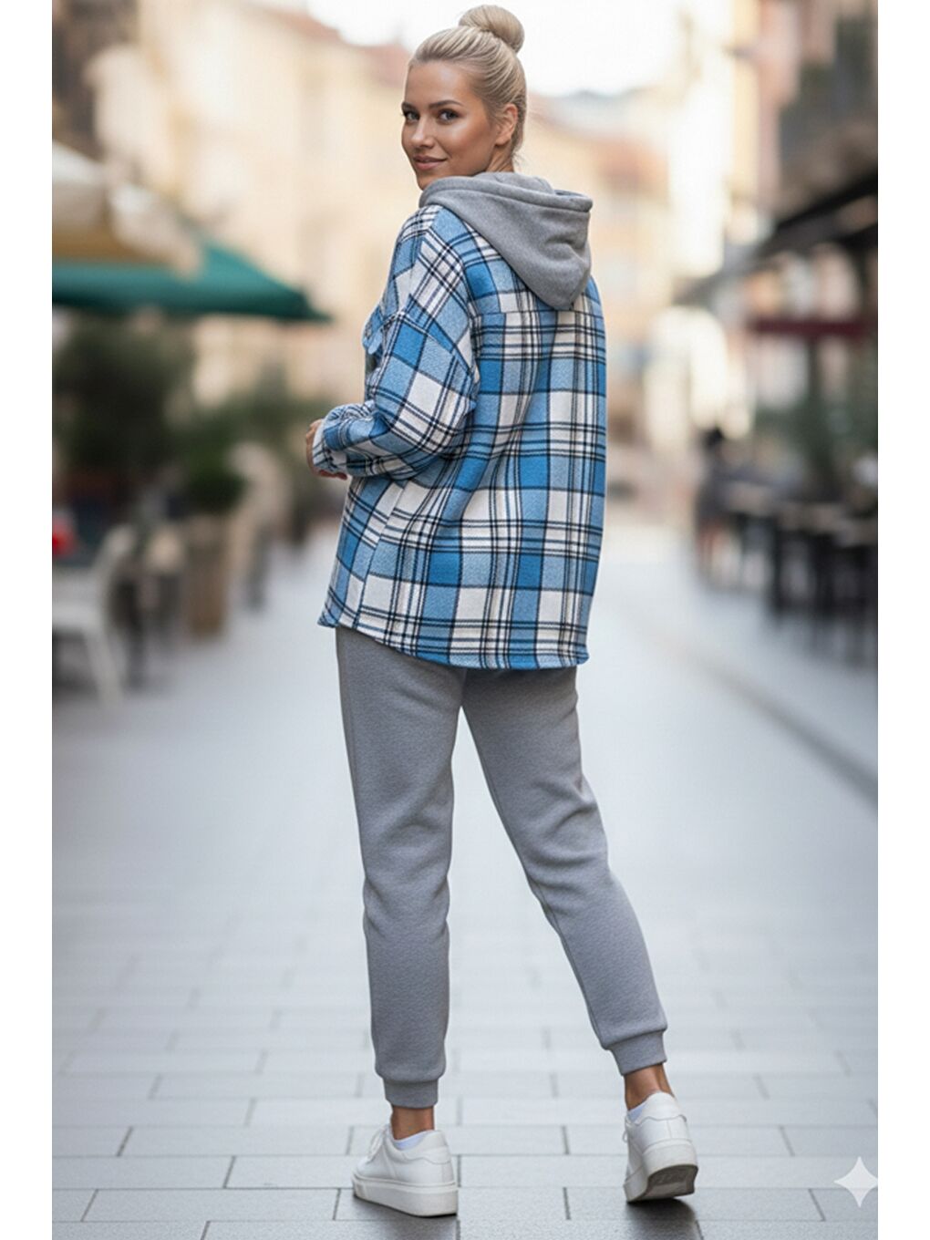 Mavi Kapüşonlu Uzun Kol Oduncu Ekose Düğmeli Cepli Dokuma Gömlek 68 65-3