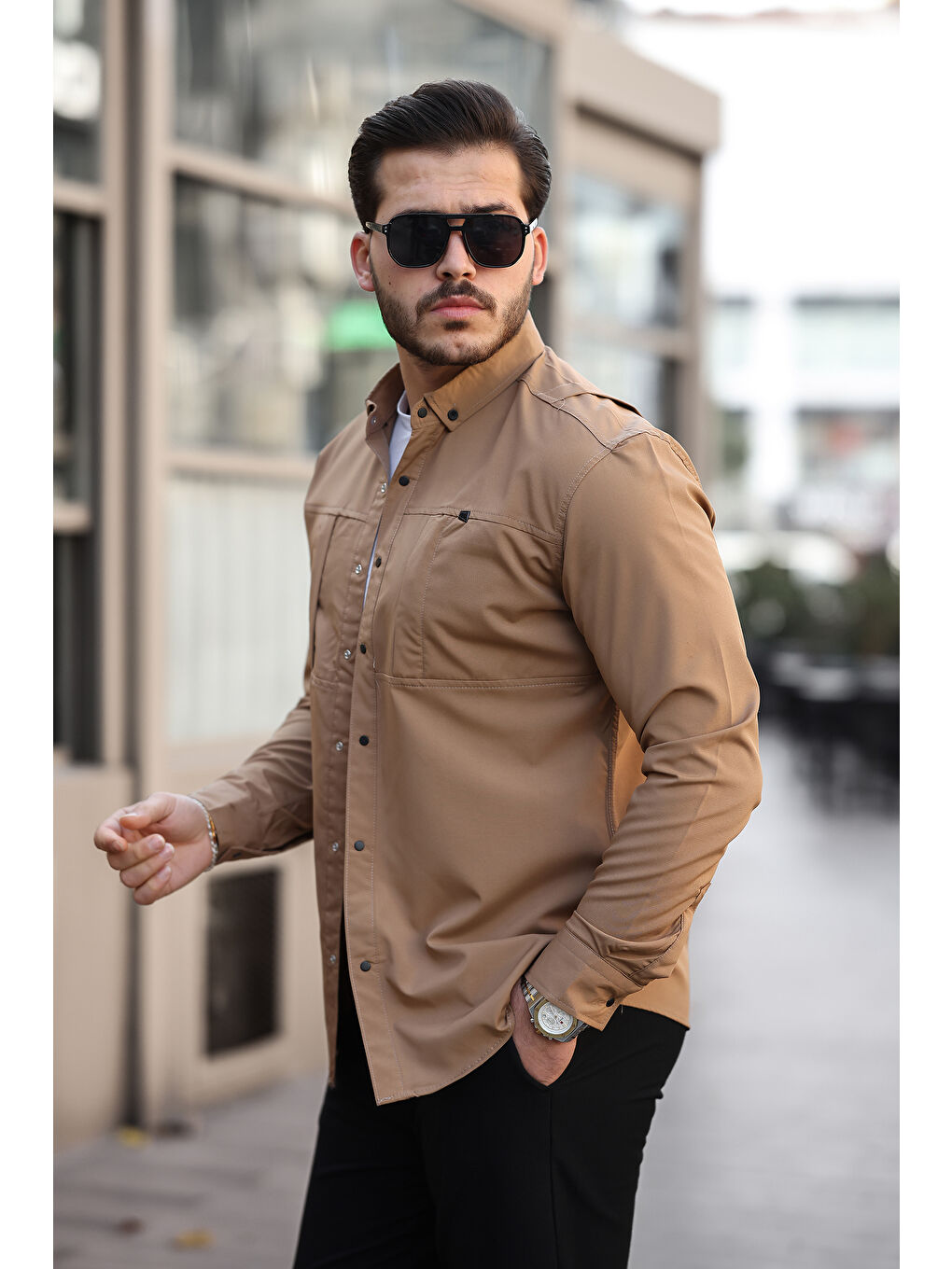 Kahverengi Erkek Gizli Cep Paraşüt Kumaş Gömlek-2