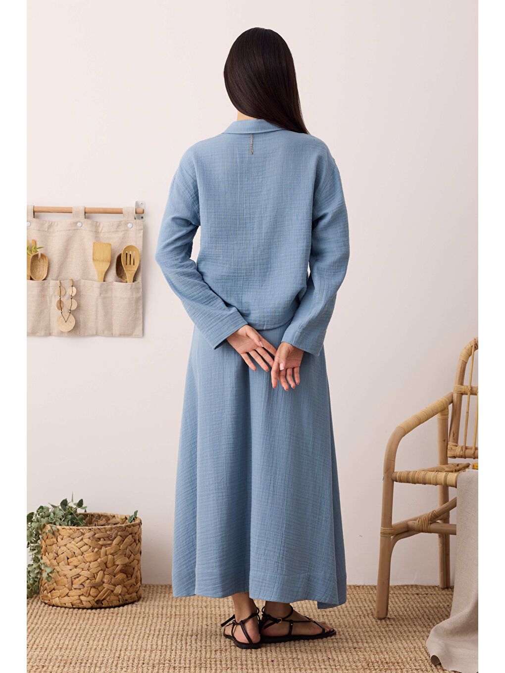 Müslin Cepli Gömlek Pastel Mavi-3