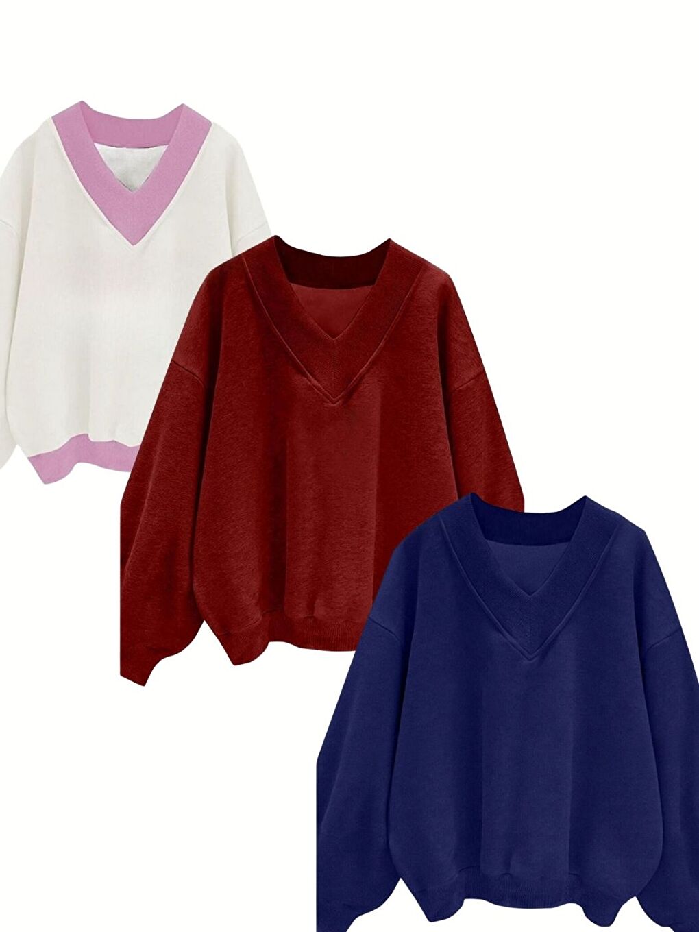 Karışık 3Lü Set Kırmızı Laci Beyaz Düz V Yaka Oversize Sweatshirt