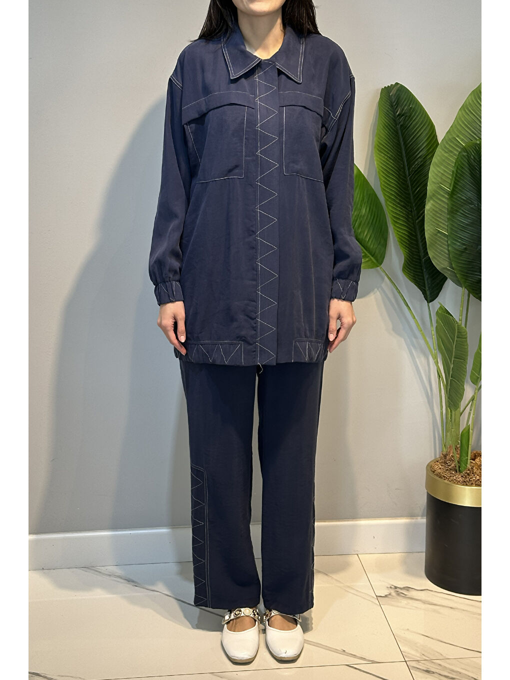 Dikiş Detaylı Cupra Modal Pantolonlu Takım 14405 Lacivert-1