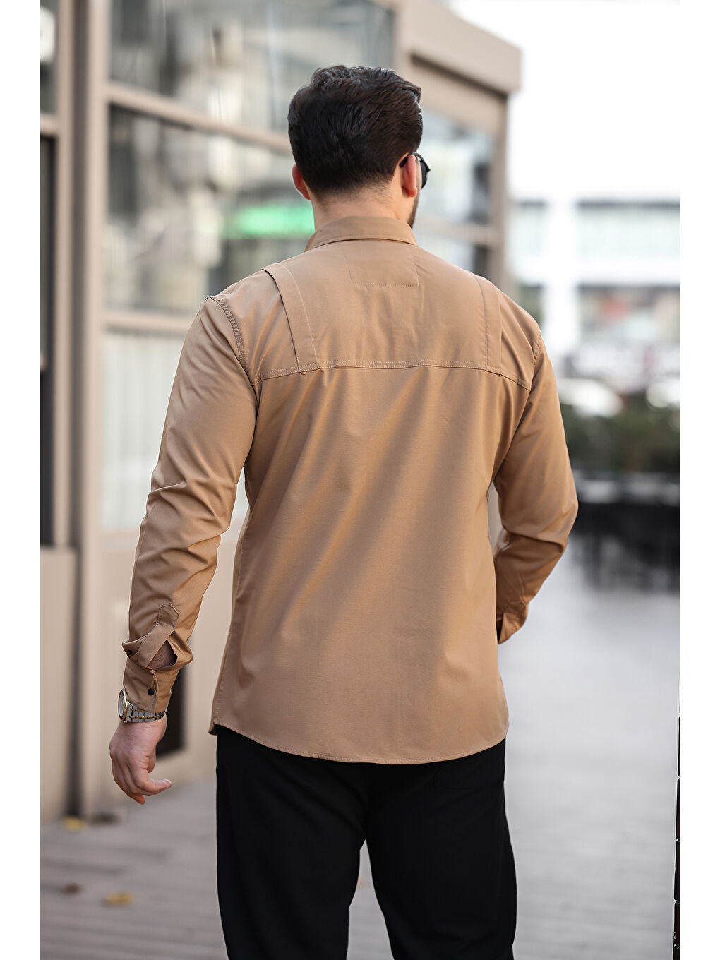 Kahverengi Erkek Gizli Cep Paraşüt Kumaş Gömlek-3
