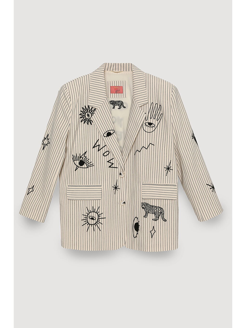 Çizgili Nakışlı Kruvaze Yaka Blazer Ceket Bej