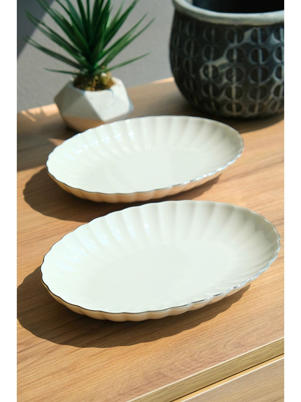 Ekru Bone Luz Platin File Kayık Tabak 27x19cm BNLZF28KY220 2 li
