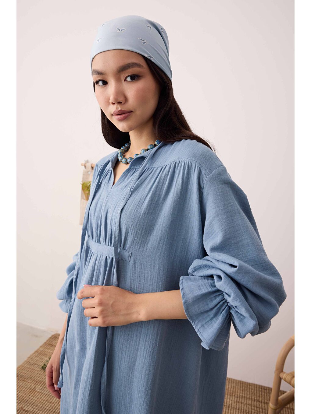 Çok Büzgülü Müslin Tunik Pastel Mavi-2