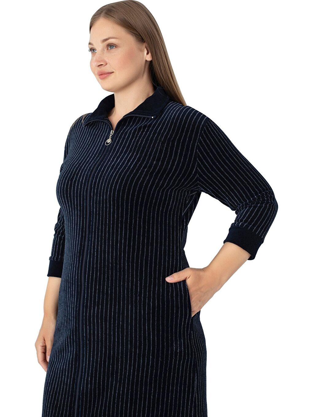 Kadın Büyük Beden Lacivert Çizgi Desenli Pamuklu Kadife Cepli Fermuarlı Truvakar Kollu Elbise-2