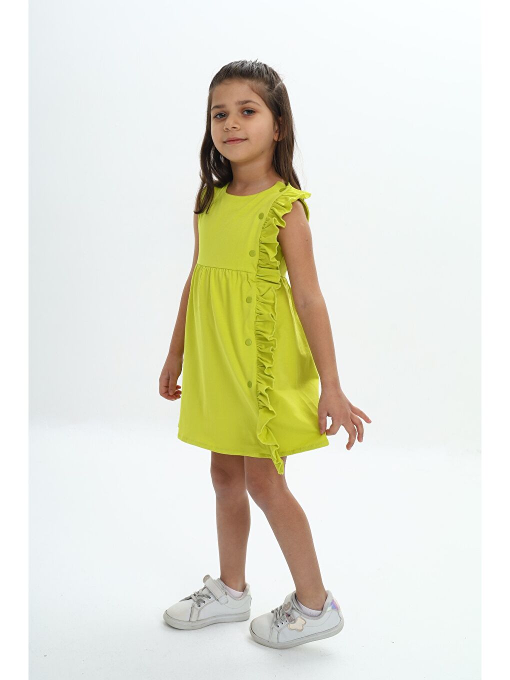 Yeşil Kız Çocuk Fırfır Detaylı Elbise-1