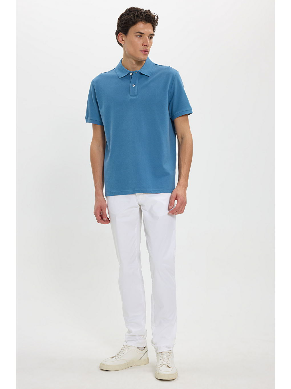 Erkek Regular Fit Klasik Kesim %100 Pamuk Düz Pike Mavi Polo Yaka Tişört-1