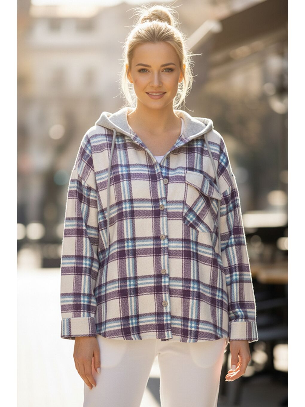 Mor-Beyaz Kapüşonlu Uzun Kol Oduncu Ekose Düğmeli Cepli Dokuma Gömlek 68 65