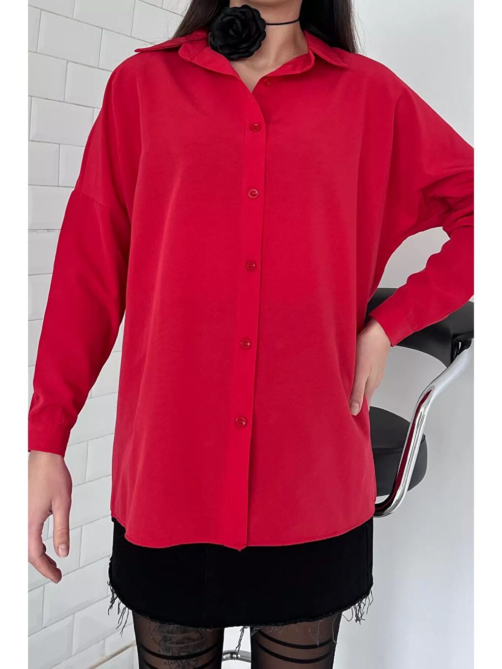 Kırmızı Kadın Salaş Basic Gömlek-1