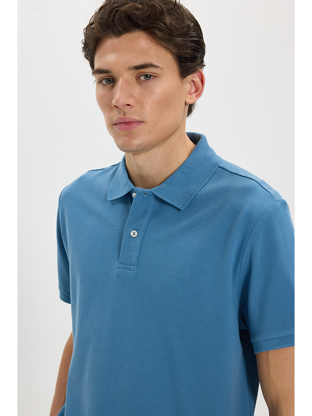 Erkek Regular Fit Klasik Kesim %100 Pamuk Düz Pike Mavi Polo Yaka Tişört-2