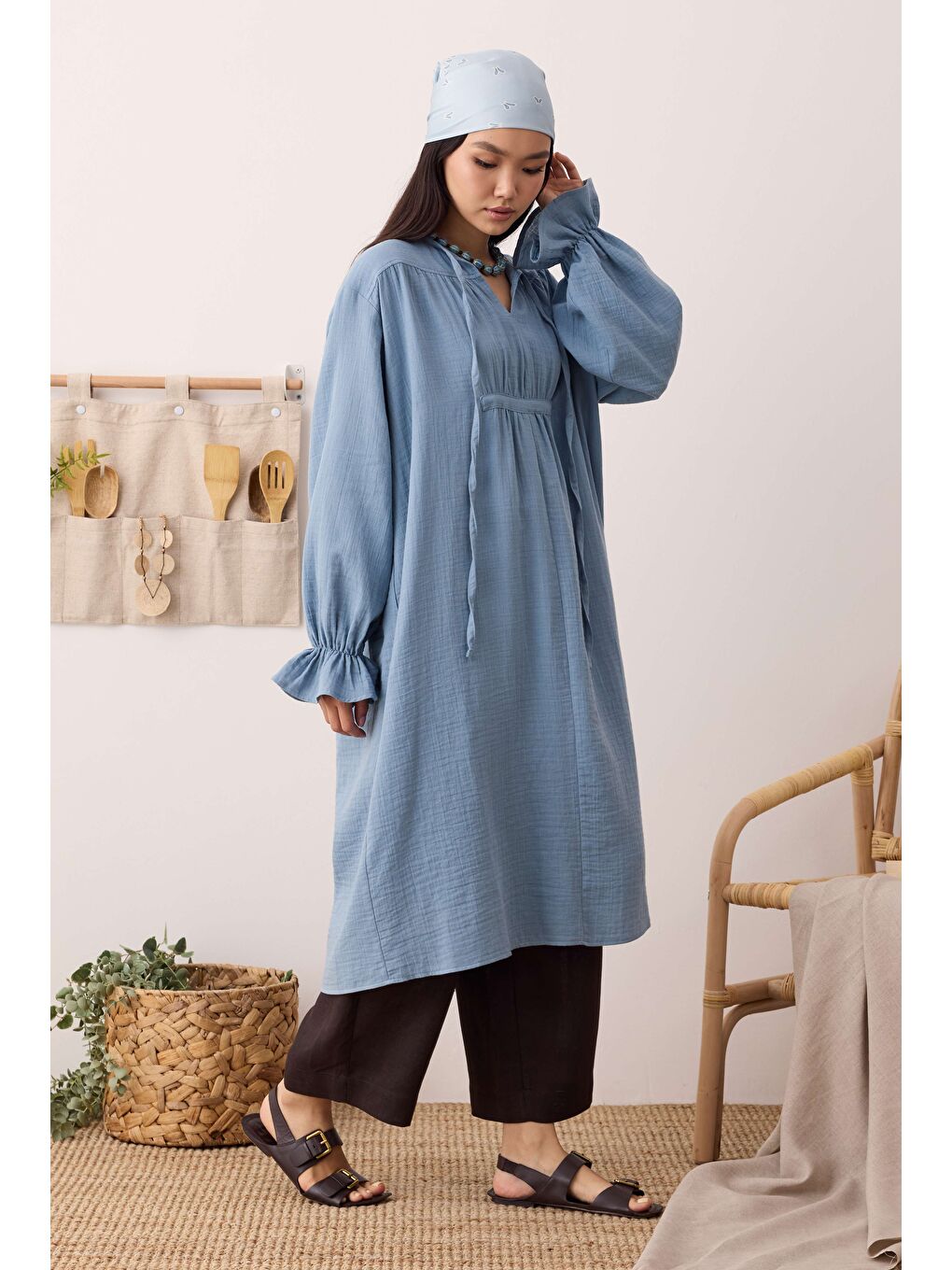 Çok Büzgülü Müslin Tunik Pastel Mavi-4