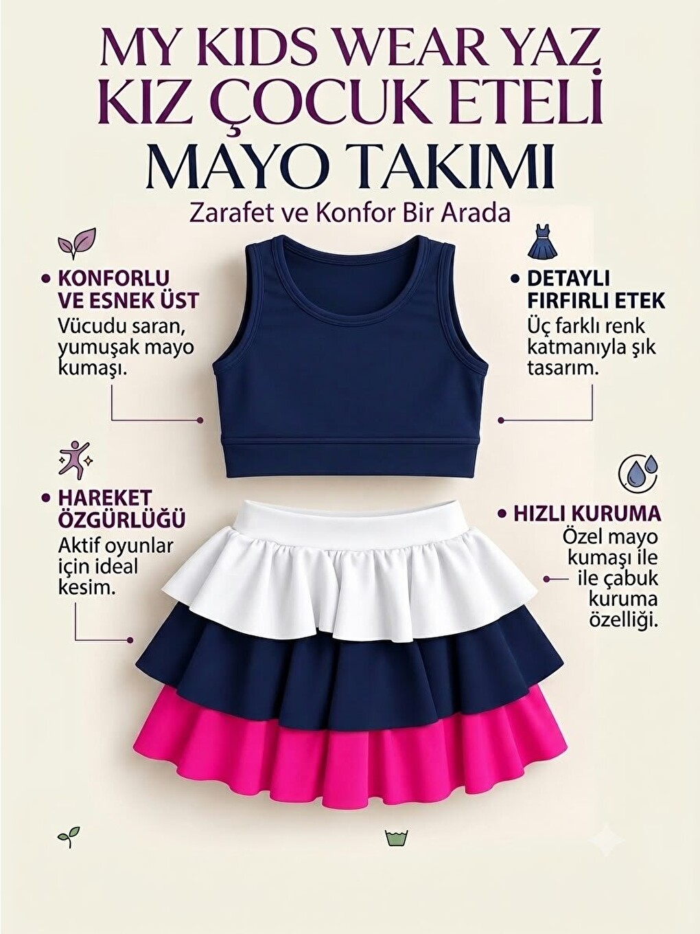 Lacivert Kız Çocuk Fırfırlı Etekli Mayo Seti – Ve Rahat Tasarım 12937-1