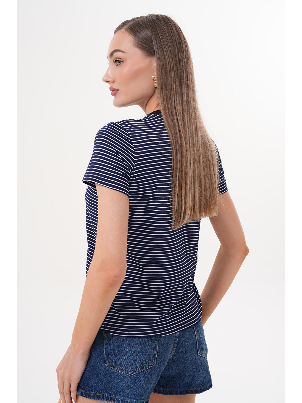 Lacivert Kadın Çizgili T-shirt Bisiklet Yaka Kısa Kollu Tişört ÇİZGİLİ-TİŞÖRT-3