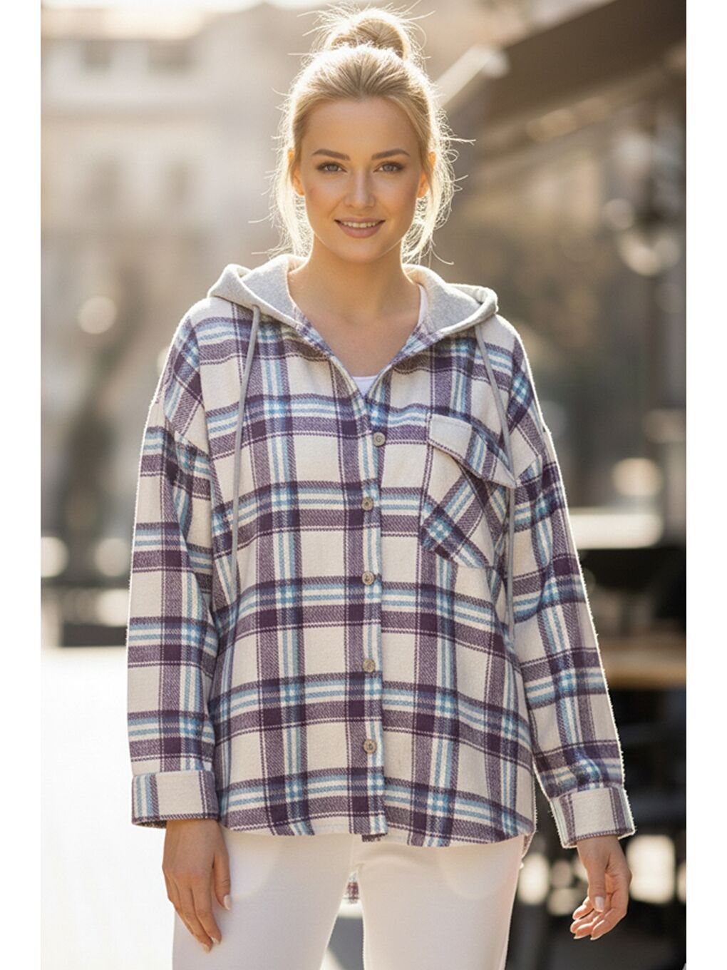 Mor-Beyaz Kapüşonlu Uzun Kol Oduncu Ekose Düğmeli Cepli Dokuma Gömlek 68 65-1