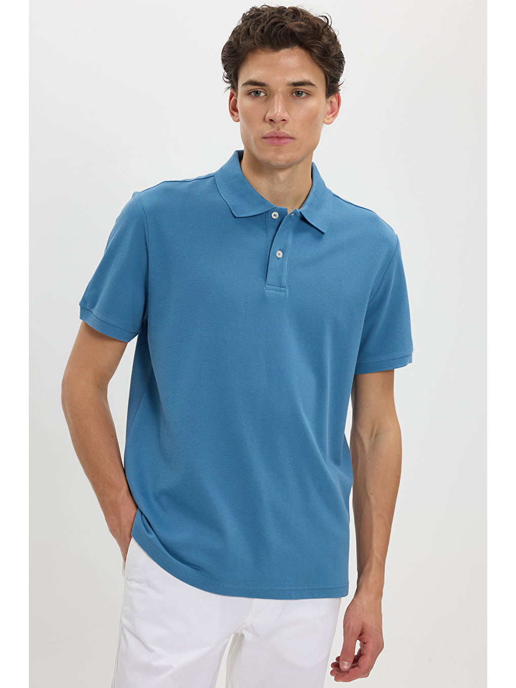 Erkek Regular Fit Klasik Kesim %100 Pamuk Düz Pike Mavi Polo Yaka Tişört-3