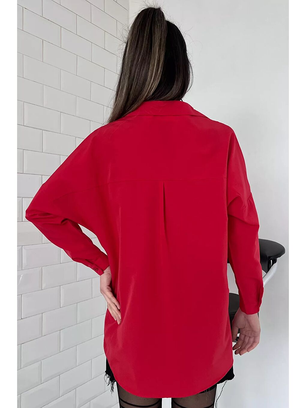 Kırmızı Kadın Salaş Basic Gömlek-2