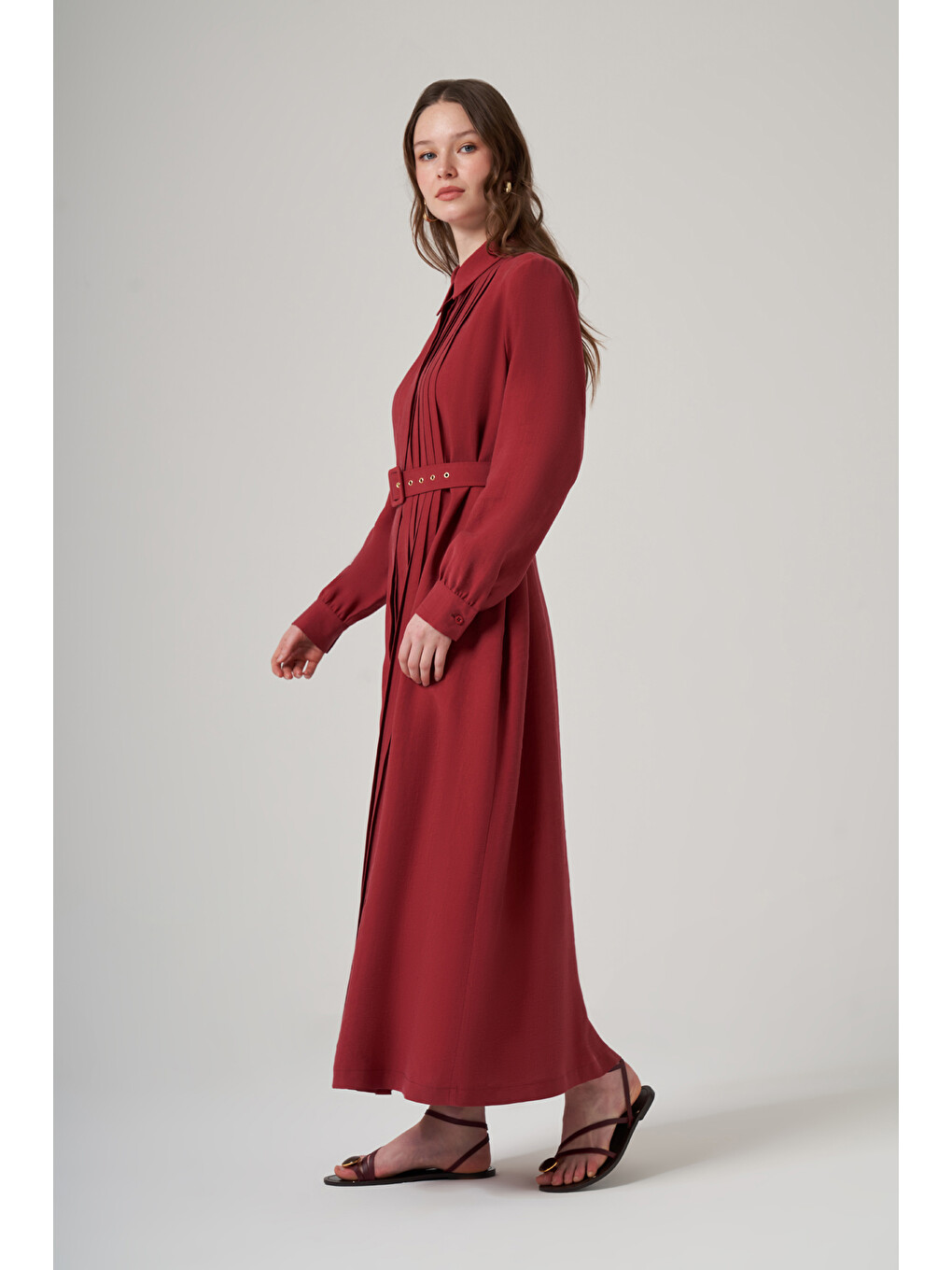Kırmızı Seyyar Kemerli Pile Detay Elbise 2050 Red Plum-2