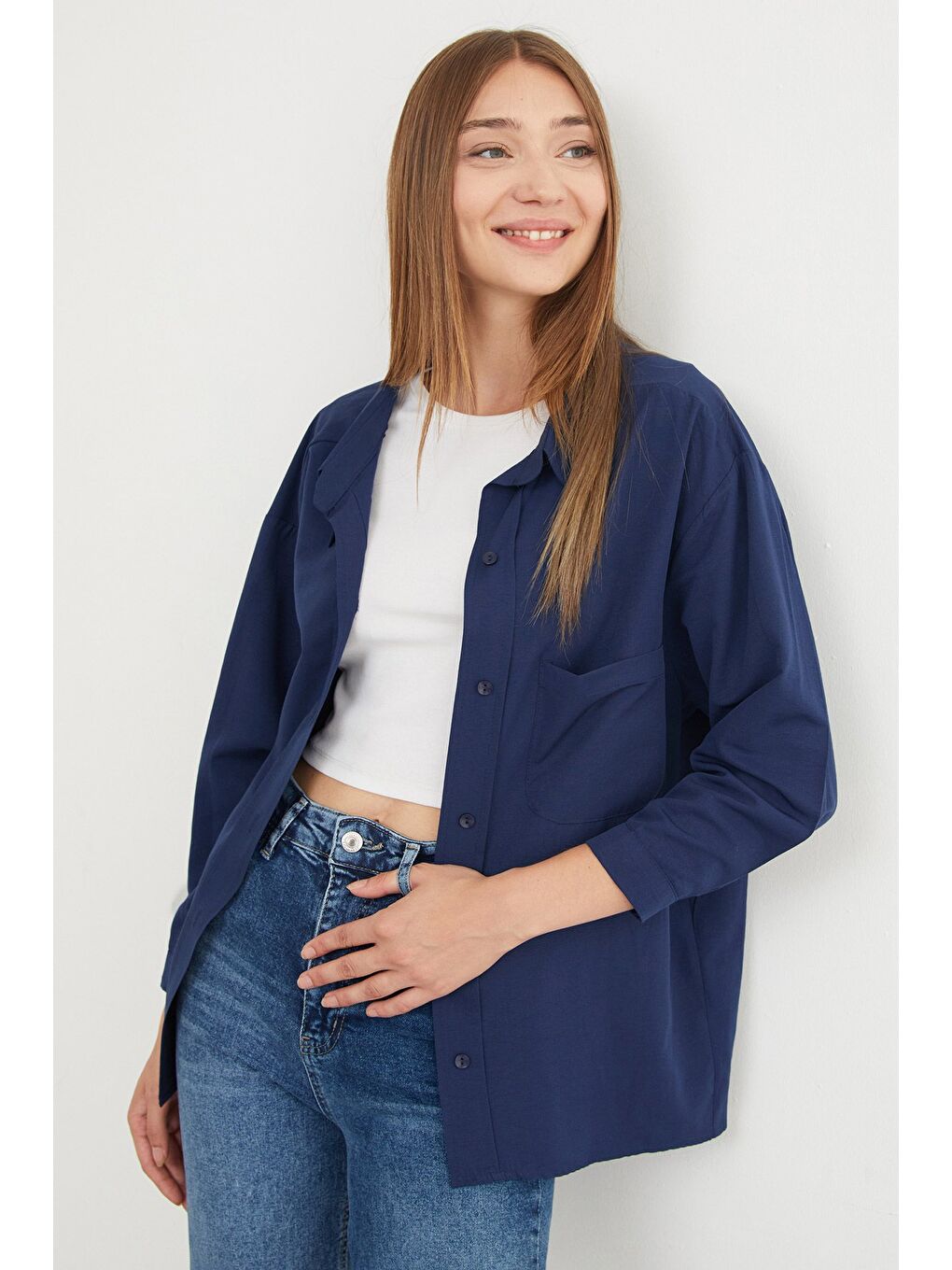 Lacivert Basic Tek Cepli Oversize Gömlek-1