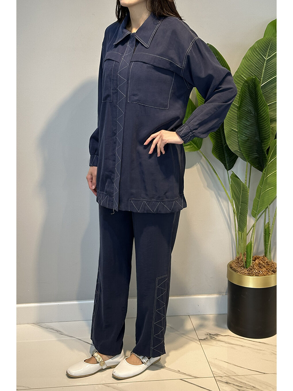 Dikiş Detaylı Cupra Modal Pantolonlu Takım 14405 Lacivert-2